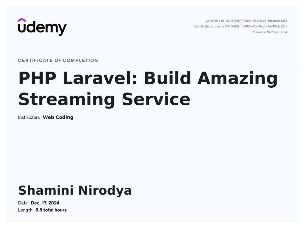 Udemy PHP Laravel Certificate